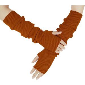 Women's Caramel Soft Cozy Arm Warmers Fingerless Knitted Long Gloves Winter
